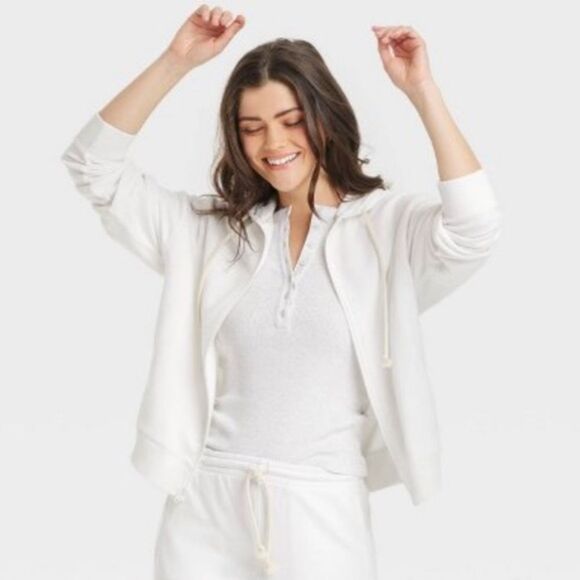 UT L White Leisure Studio French Terry Cloth Full Zip Hooded Sweatshirt - Picture 5 of 16